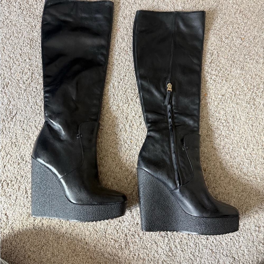 Fendi Black Leather Knee-High Wedge Boots with Textured Platform